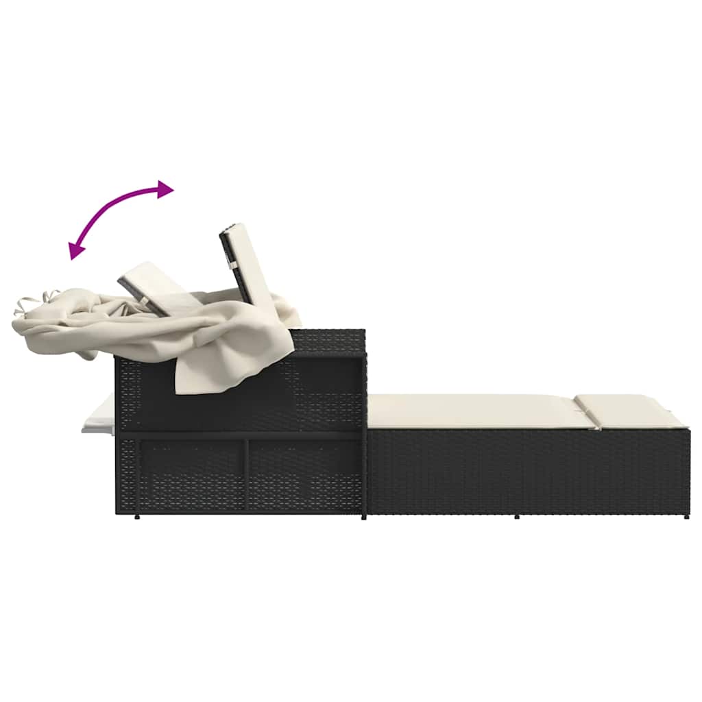 Double Sun Lounger with Canopy and Cushions-Black Poly Rattan | Sun Loungers
