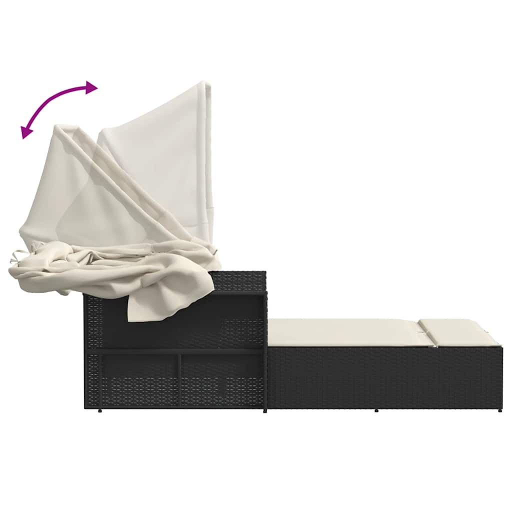 Double Sun Lounger with Canopy and Cushions-Black Poly Rattan | Double