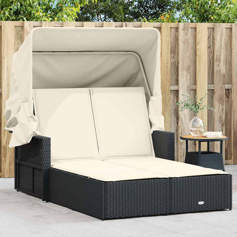 Double Sun Lounger with Canopy and Cushions-Black Poly