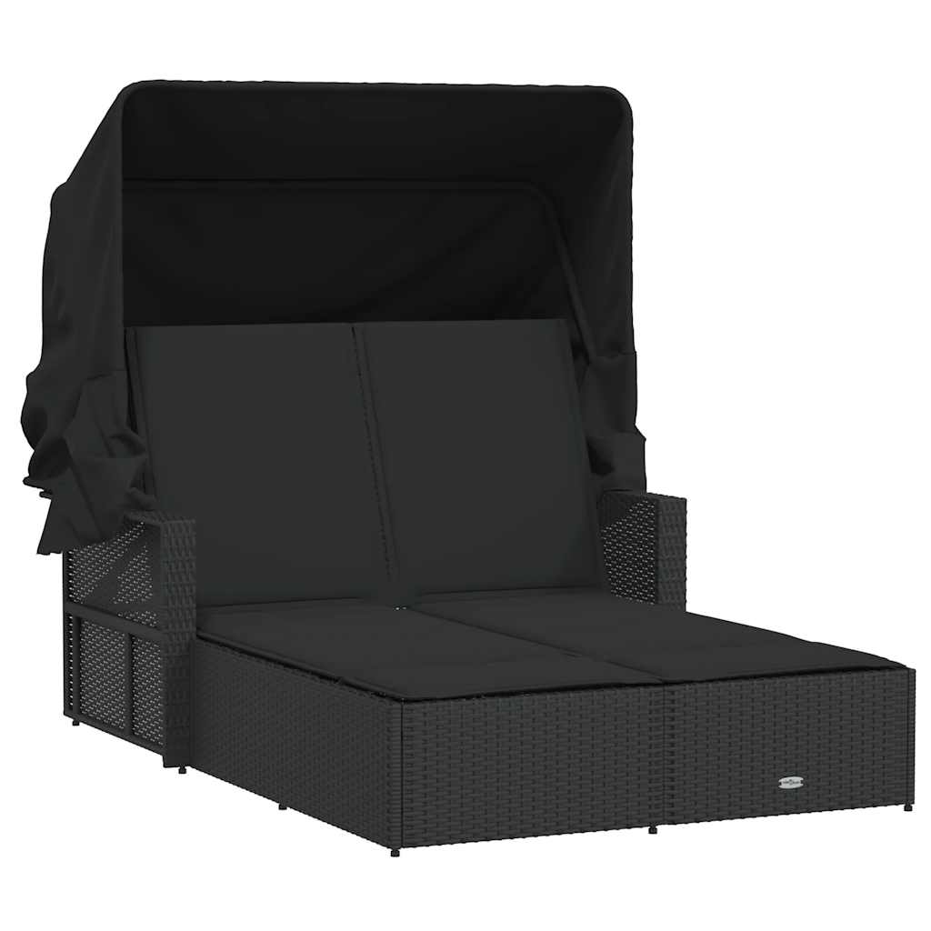 Double - Double Sun Lounger with Canopy and Cushions Black Poly Rattan