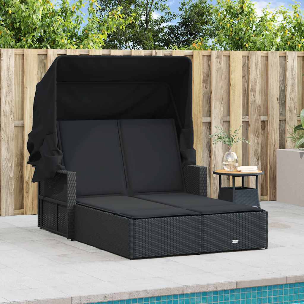Double Sun Lounger with Canopy and Cushions Black Poly Rattan | Black colour