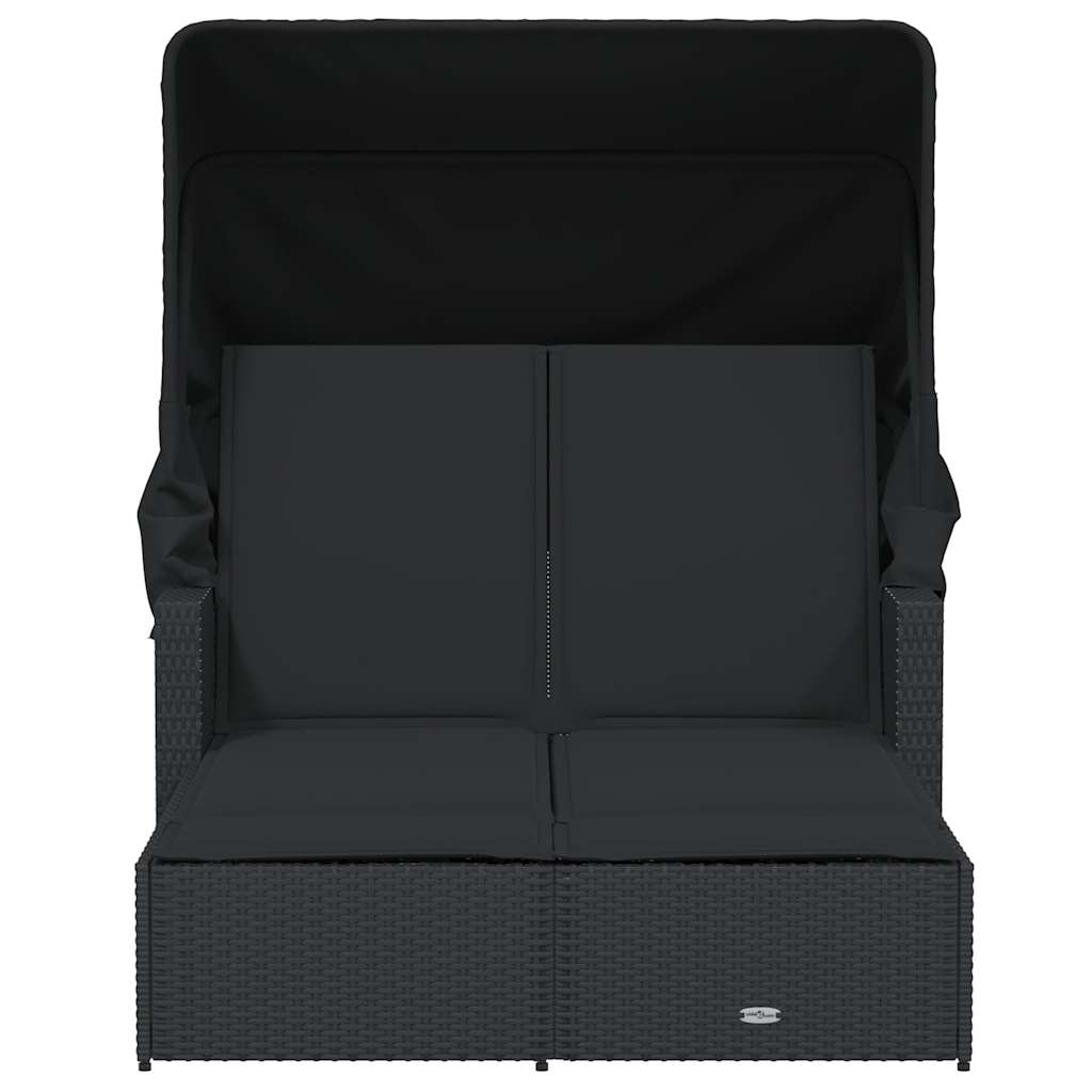 Double Sun Lounger with Canopy and Cushions Black Poly Rattan, Rattan finish
