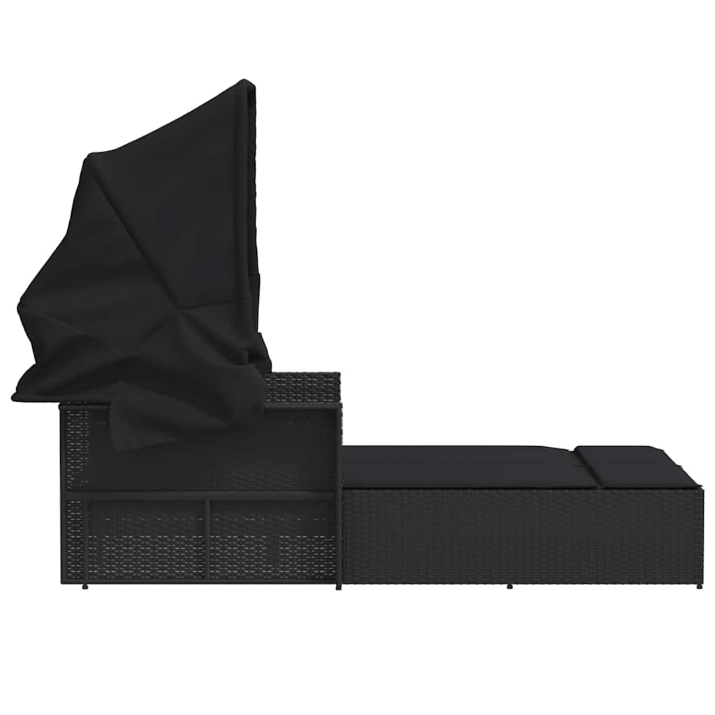 Sun Loungers - Double Sun Lounger with Canopy and Cushions Black Poly Rattan
