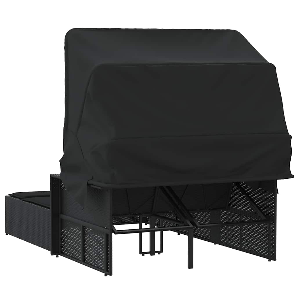 Black colour - Double Sun Lounger with Canopy and Cushions Black Poly Rattan