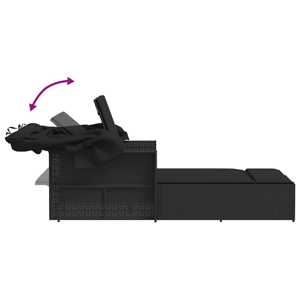 Double Sun Lounger with Canopy and Cushions Black Poly Rattan | Sun Loungers