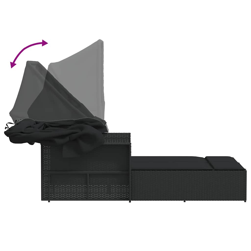 Double Sun Lounger with Canopy and Cushions Black Poly Rattan | Double