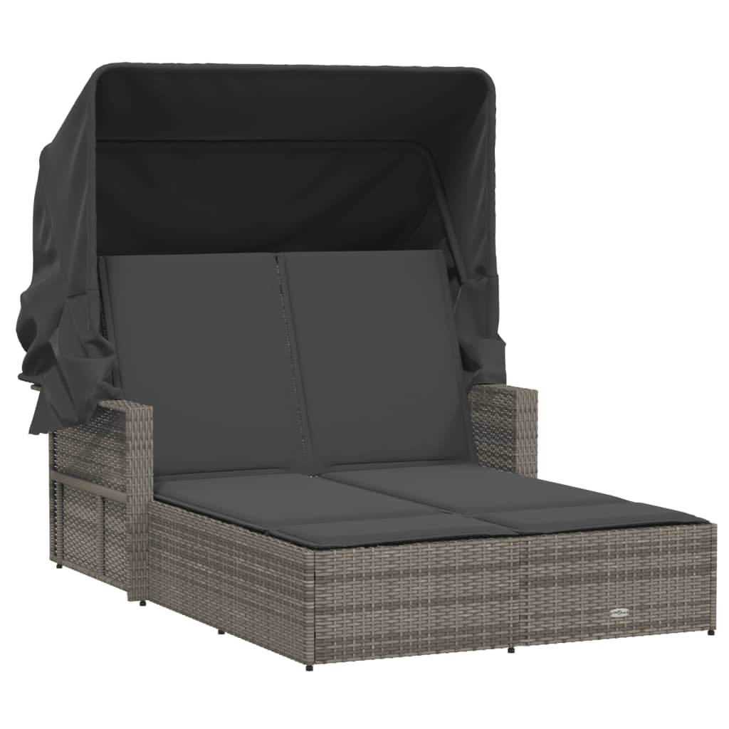 Double - Double Sun Lounger with Canopy and Cushions Grey Poly Rattan
