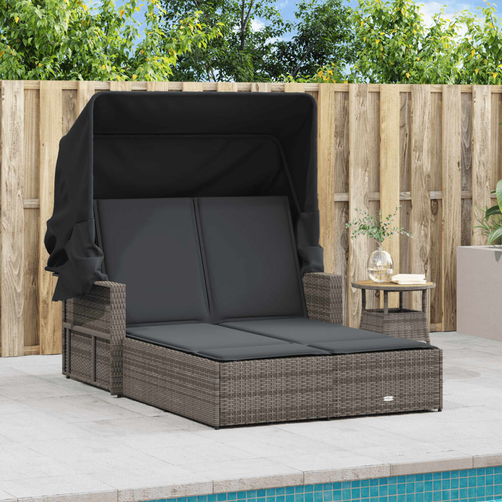 Double Sun Lounger with Canopy and Cushions Grey Poly Rattan | Grey colour