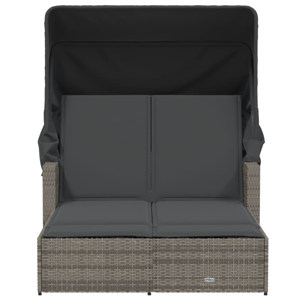 Double Sun Lounger with Canopy and Cushions Grey Poly Rattan, Rattan finish