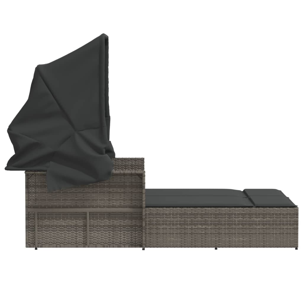 Sun Loungers - Double Sun Lounger with Canopy and Cushions Grey Poly Rattan