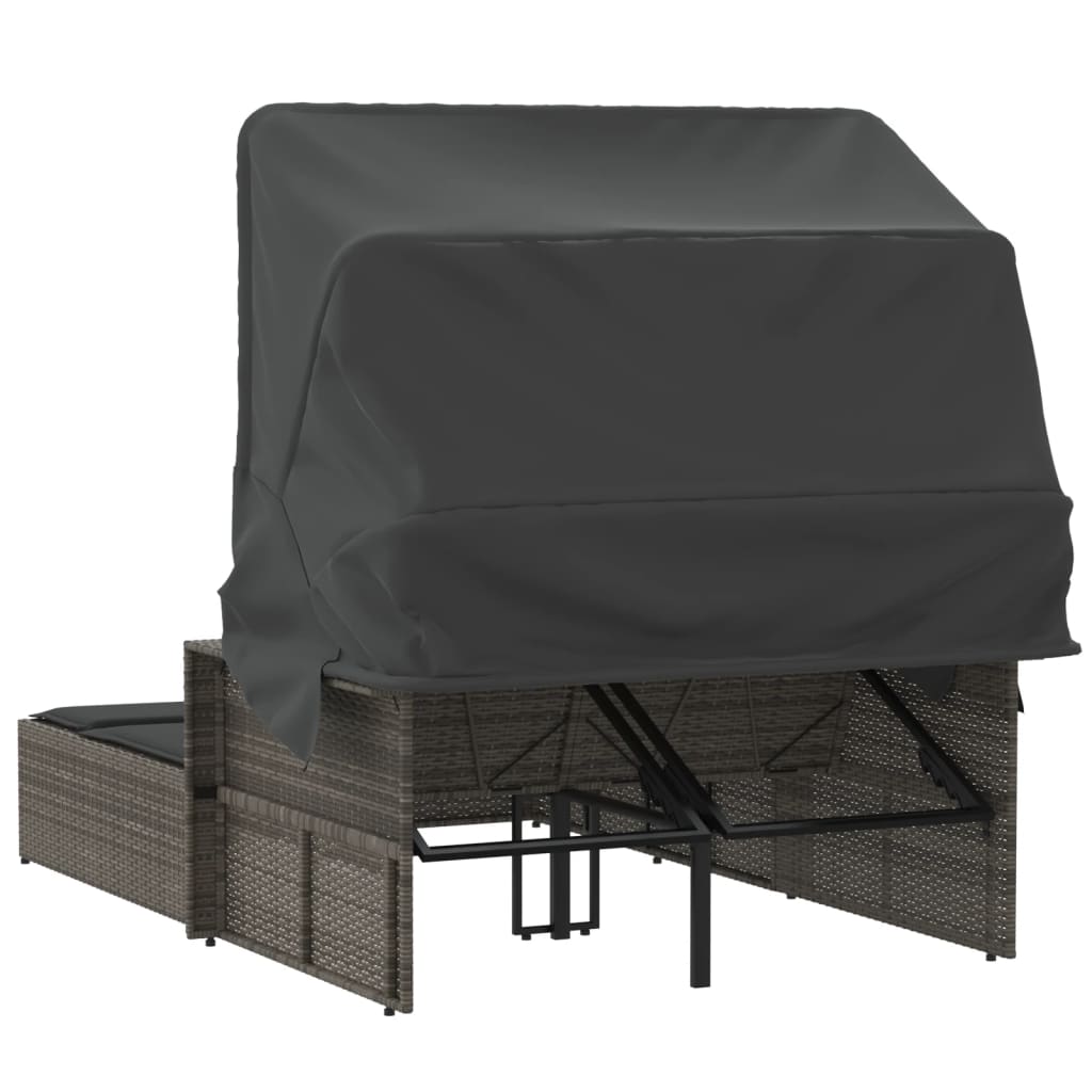Grey colour - Double Sun Lounger with Canopy and Cushions Grey Poly Rattan