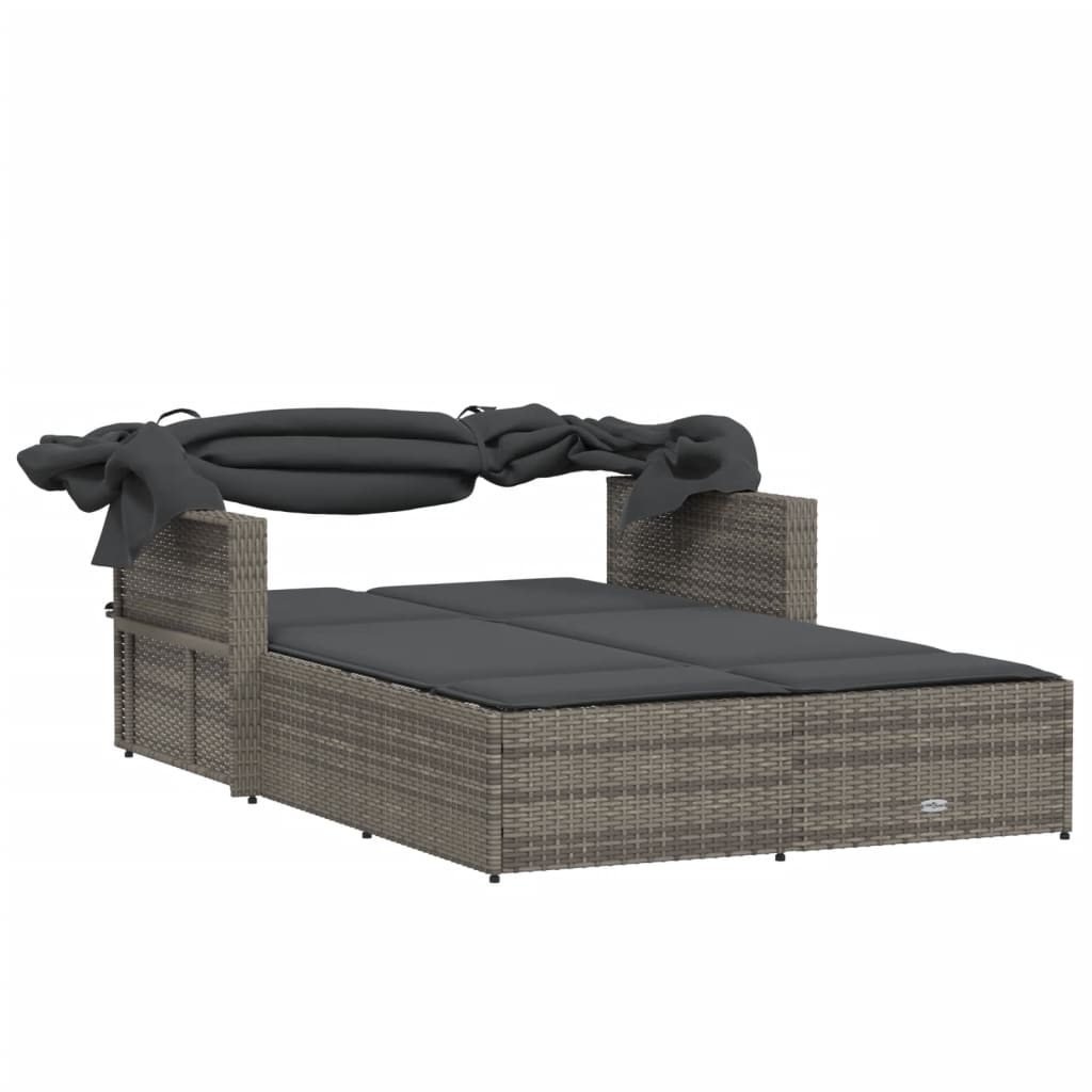 Rattan finish - Double Sun Lounger with Canopy and Cushions Grey Poly Rattan