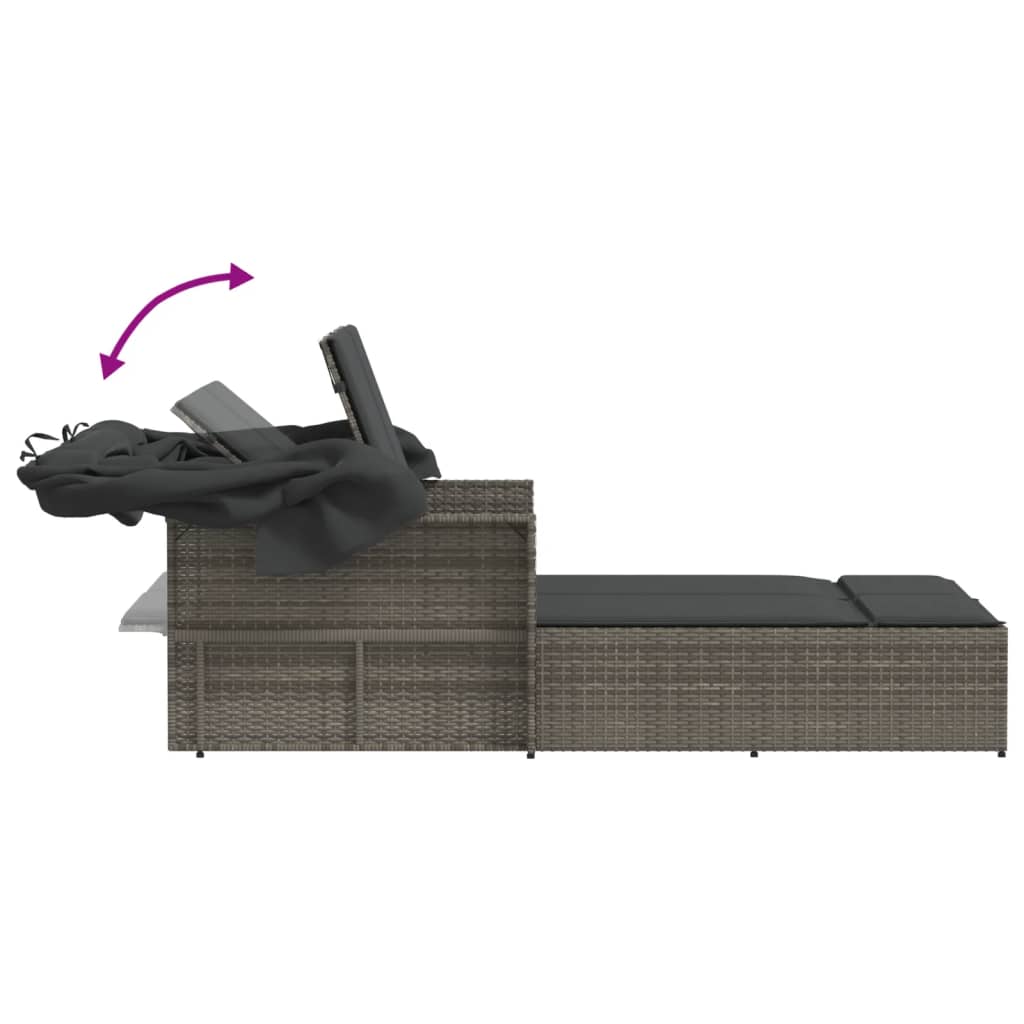 Double Sun Lounger with Canopy and Cushions Grey Poly Rattan | Sun Loungers