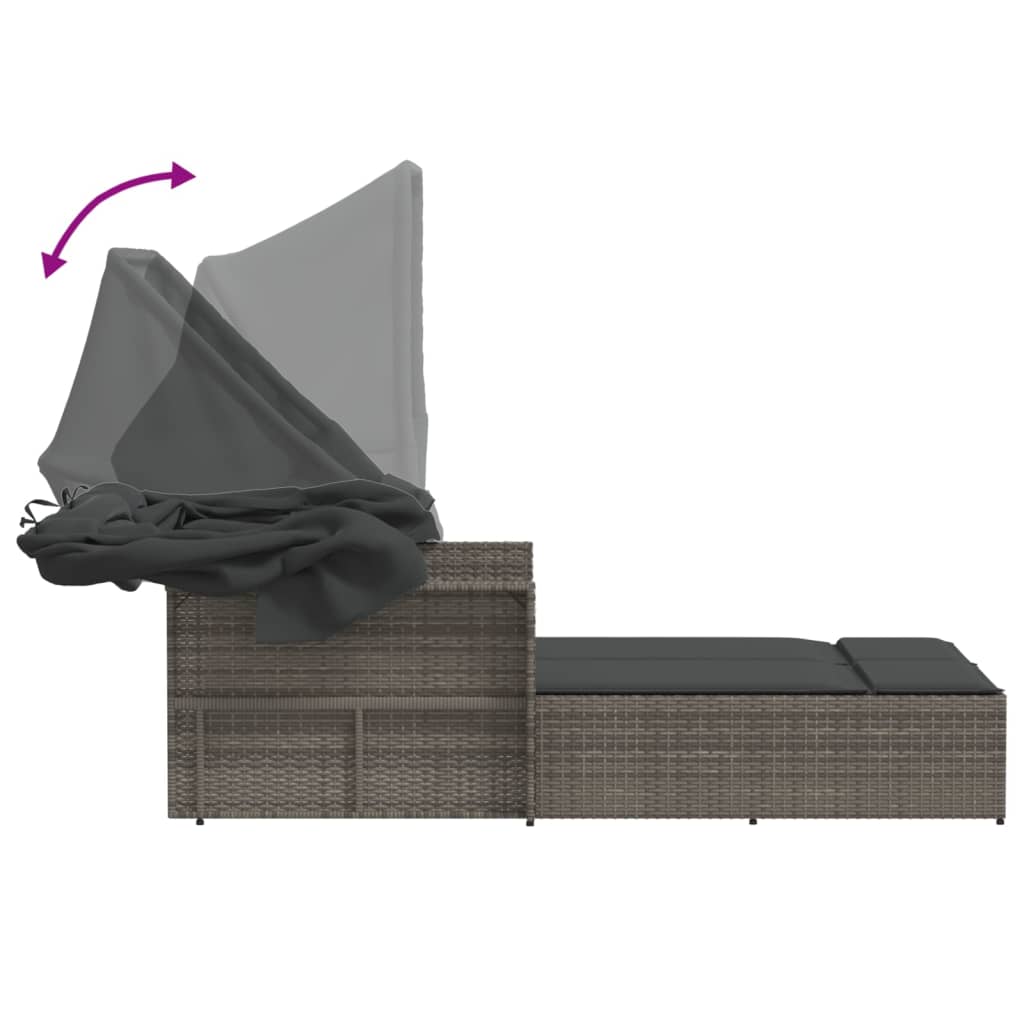 Double Sun Lounger with Canopy and Cushions Grey Poly Rattan | Double