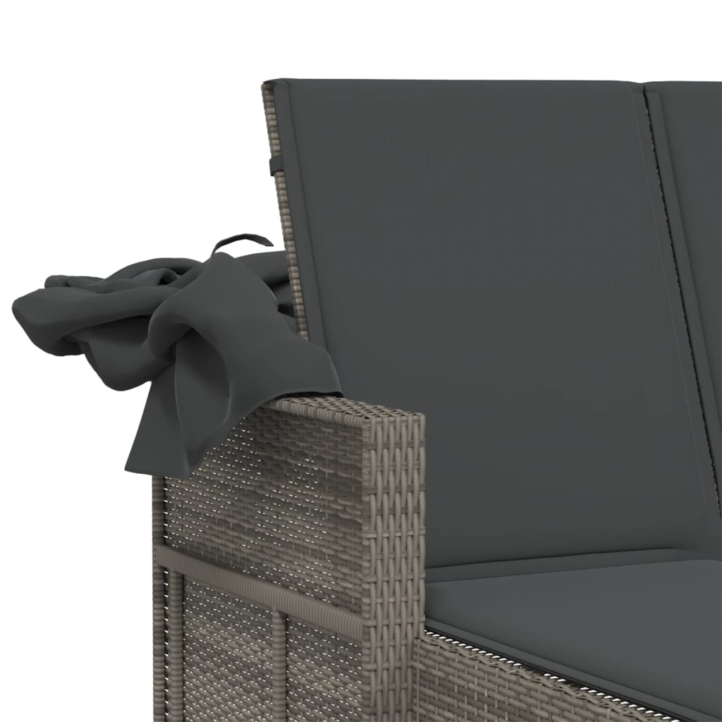 Double Sun Lounger with Canopy and Cushions Grey Poly Rattan | Rattan finish