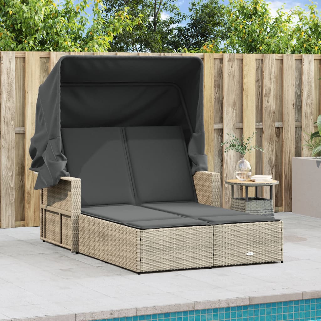 Double Sun Lounger with Canopy and Cushions Light Grey Poly Rattan