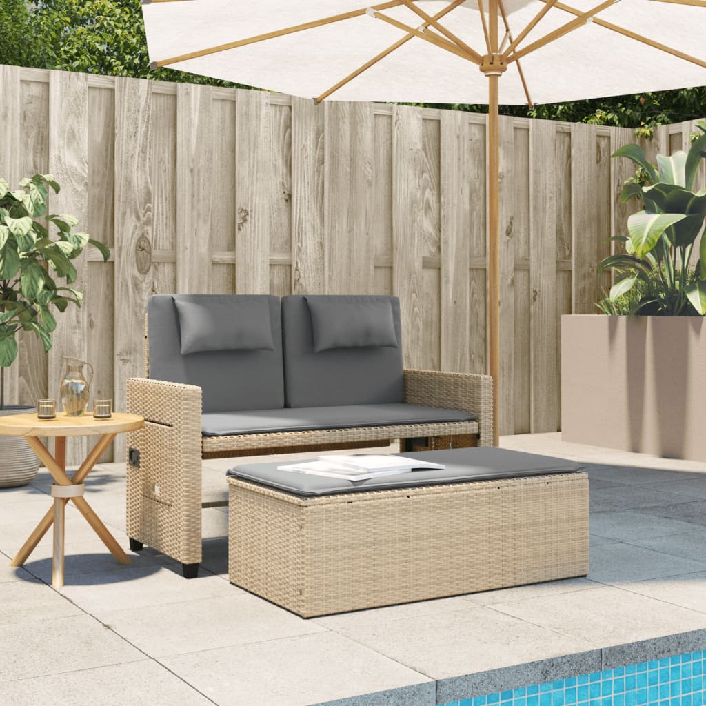 Reclining Garden Bench with Cushions Beige Poly Rattan | Rattan finish