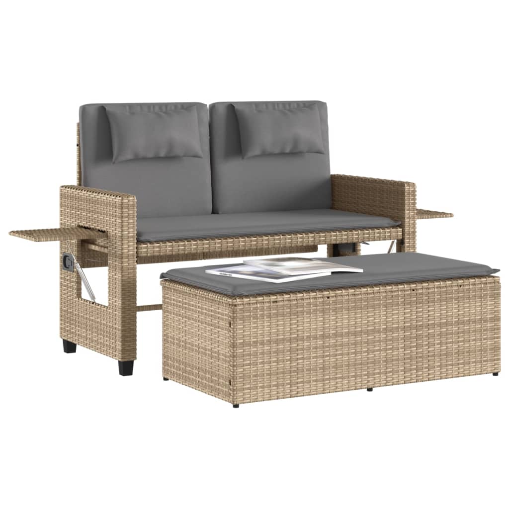 Outdoor Benches - Reclining Garden Bench with Cushions Beige Poly Rattan