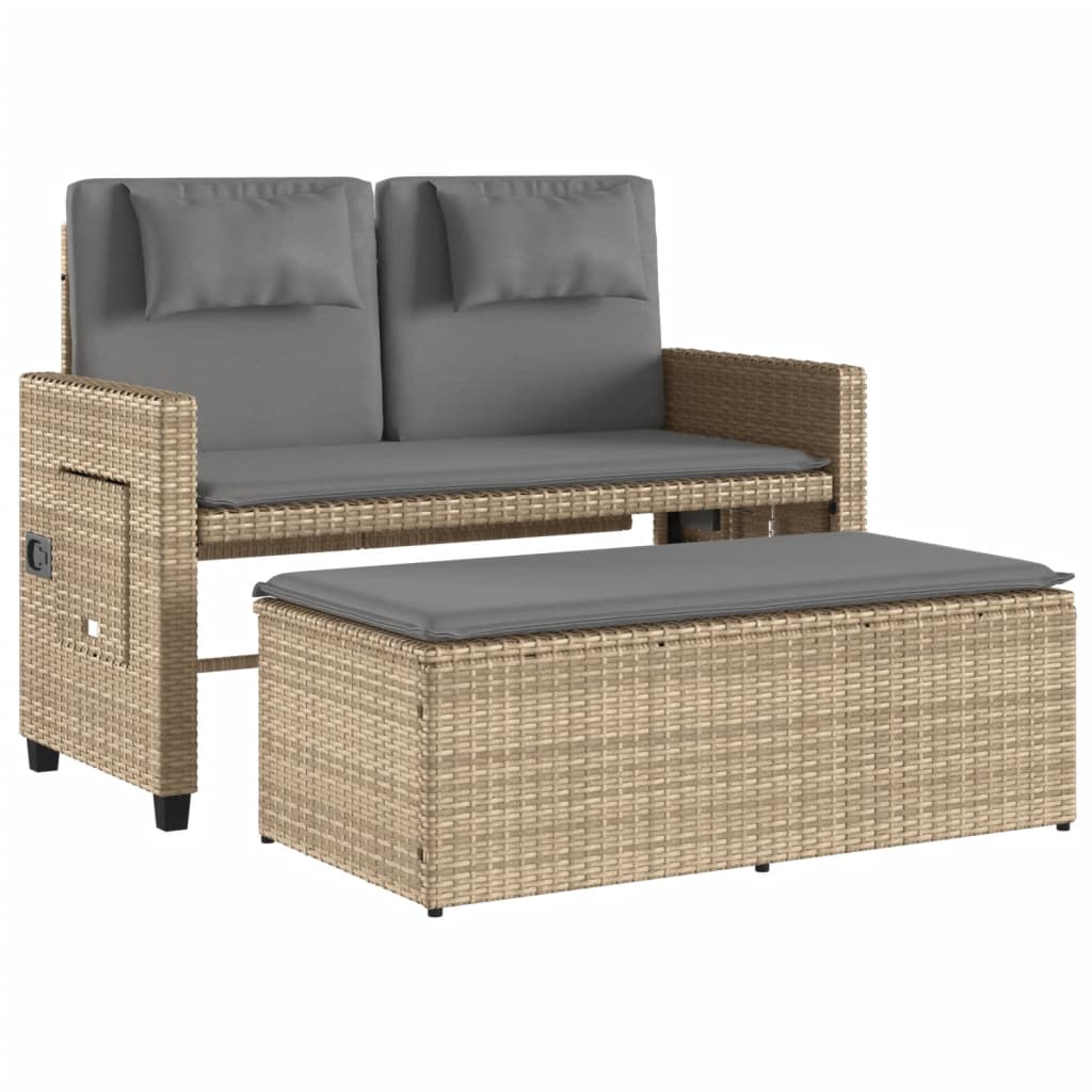 Rattan finish - Reclining Garden Bench with Cushions Beige Poly Rattan