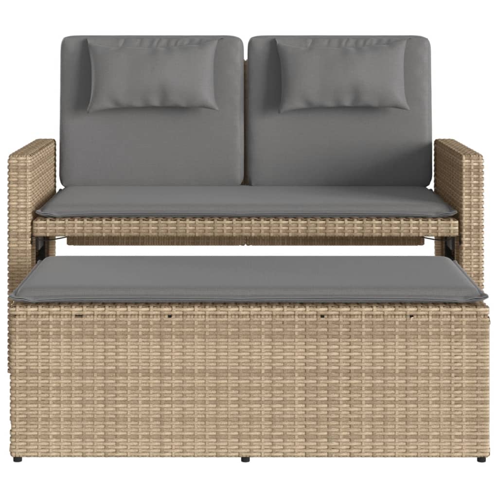 Reclining Garden Bench with Cushions Beige Poly Rattan | Outdoor Benches