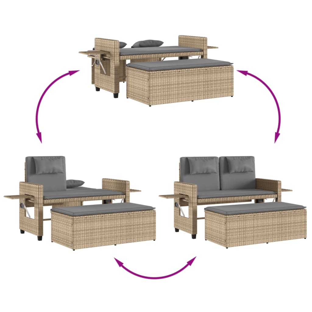 Reclining Garden Bench with Cushions Beige Poly Rattan, Beige colour