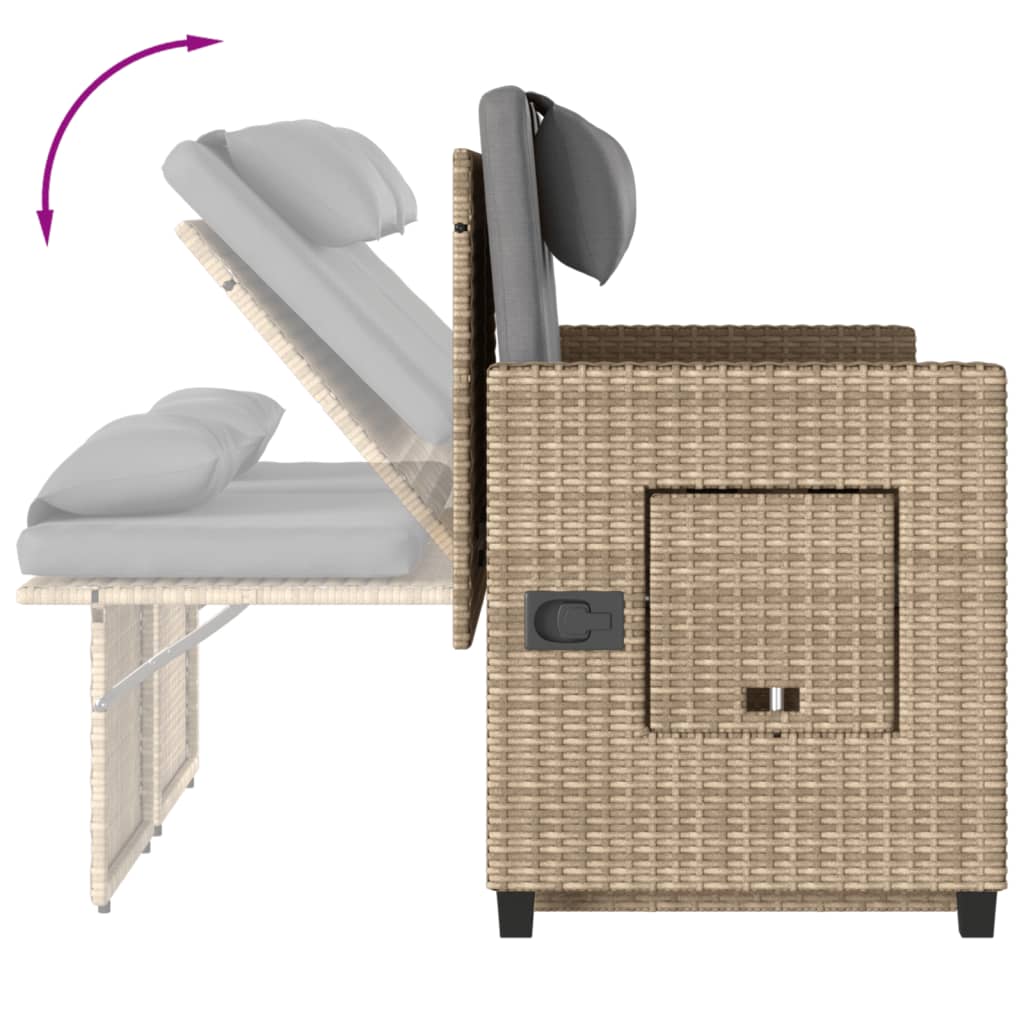 Reclining Garden Bench with Cushions Beige Poly Rattan, Rattan finish