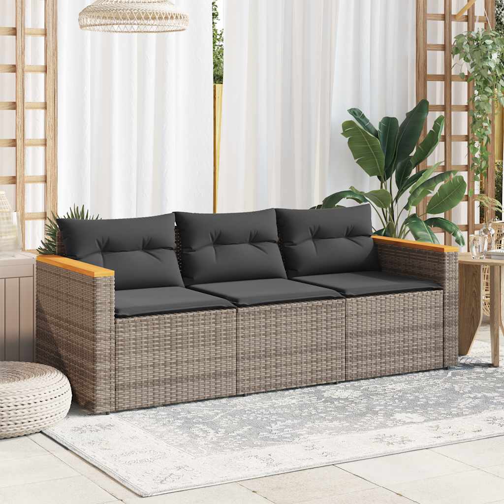 Garden Sofa with Cushions 3-Seater Grey Poly Rattan | Rattan finish