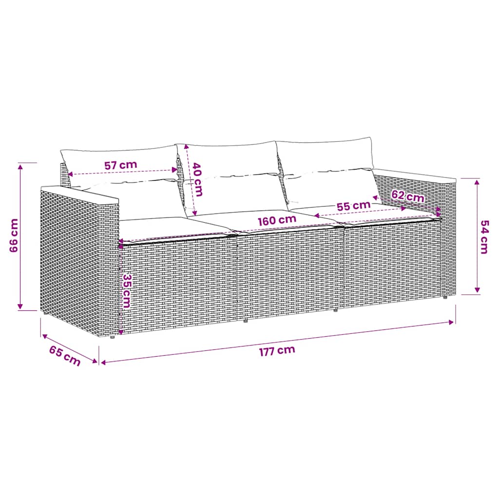 Garden Sofa with Cushions 3-Seater Grey Poly Rattan, Grey colour