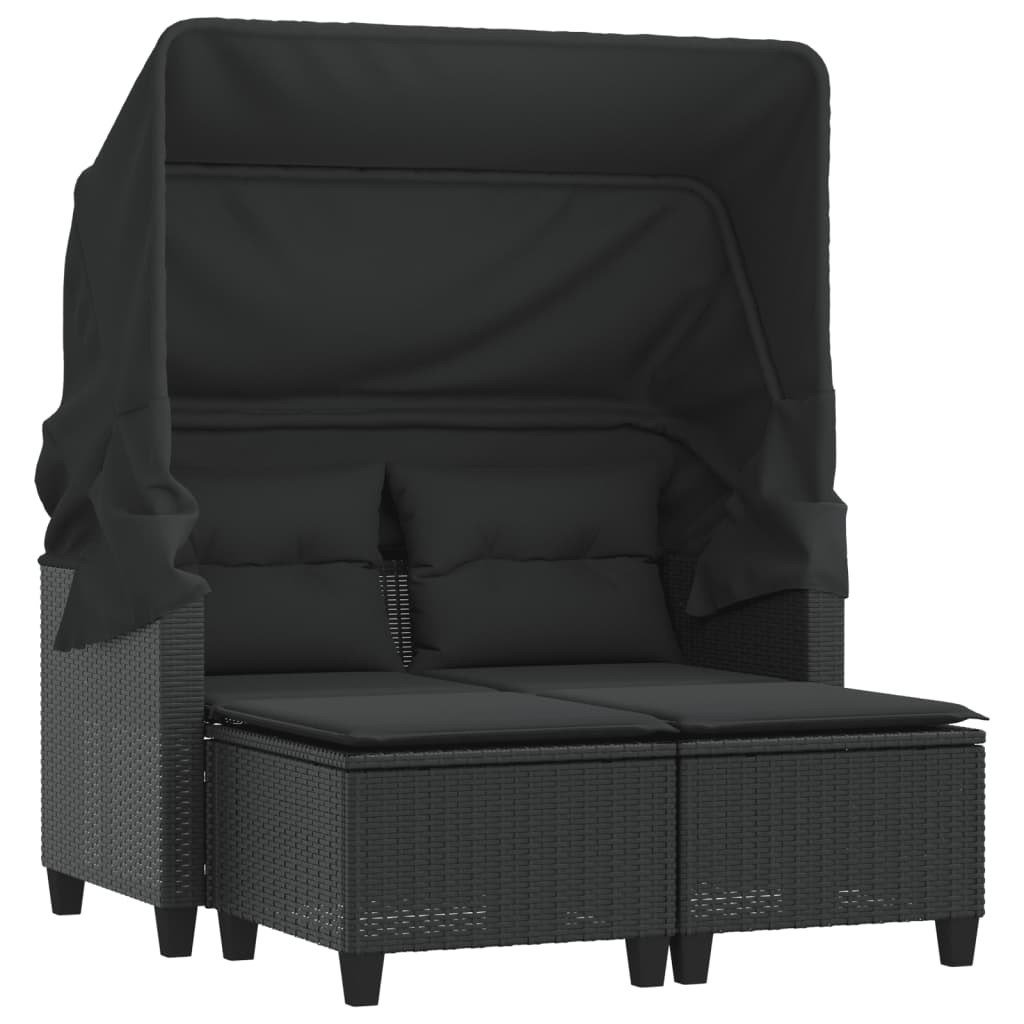 Garden Sofa 2-Seater with Canopy and Stools-Black Poly Rattan