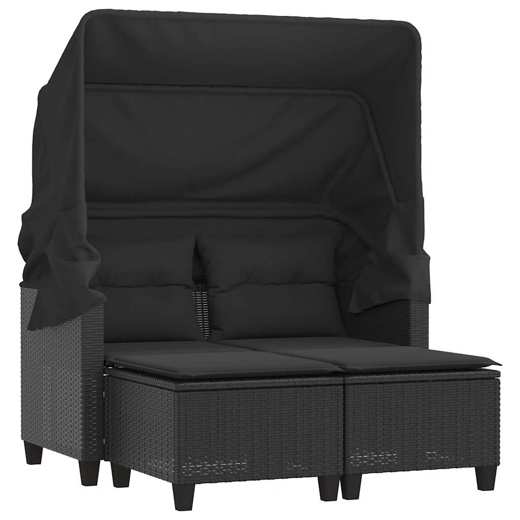 Black colour - Garden Sofa 2-Seater with Canopy and Stools-Black Poly Rattan