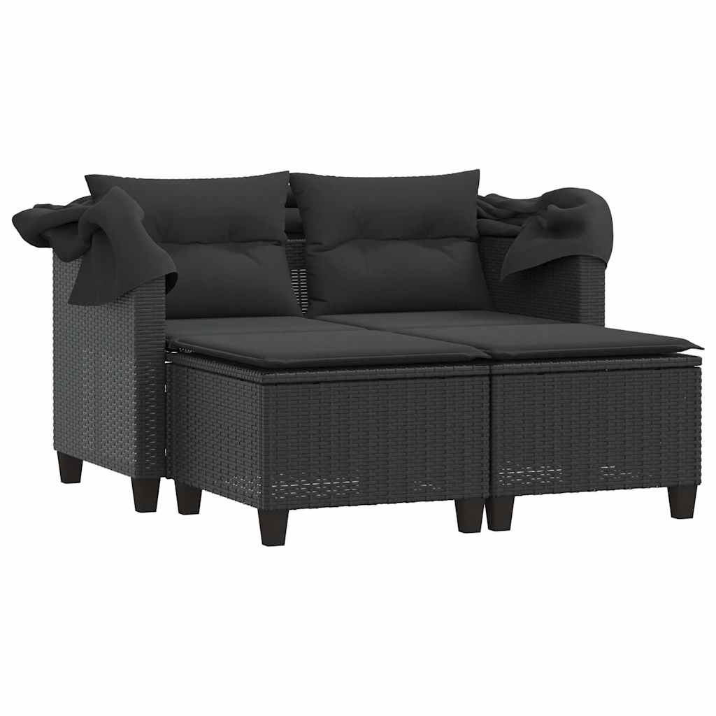 Outdoor Sofas - Garden Sofa 2-Seater with Canopy and Stools-Black Poly Rattan