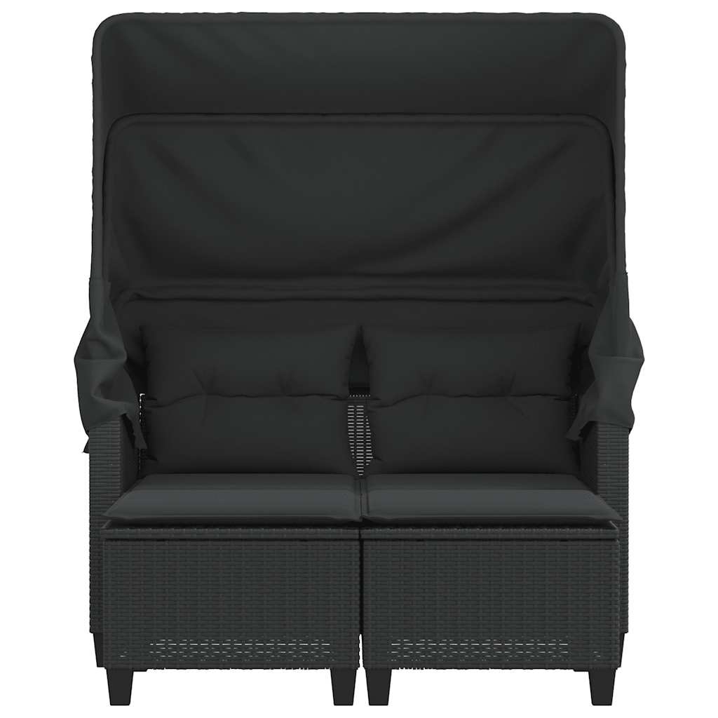 Rattan finish - Garden Sofa 2-Seater with Canopy and Stools-Black Poly Rattan