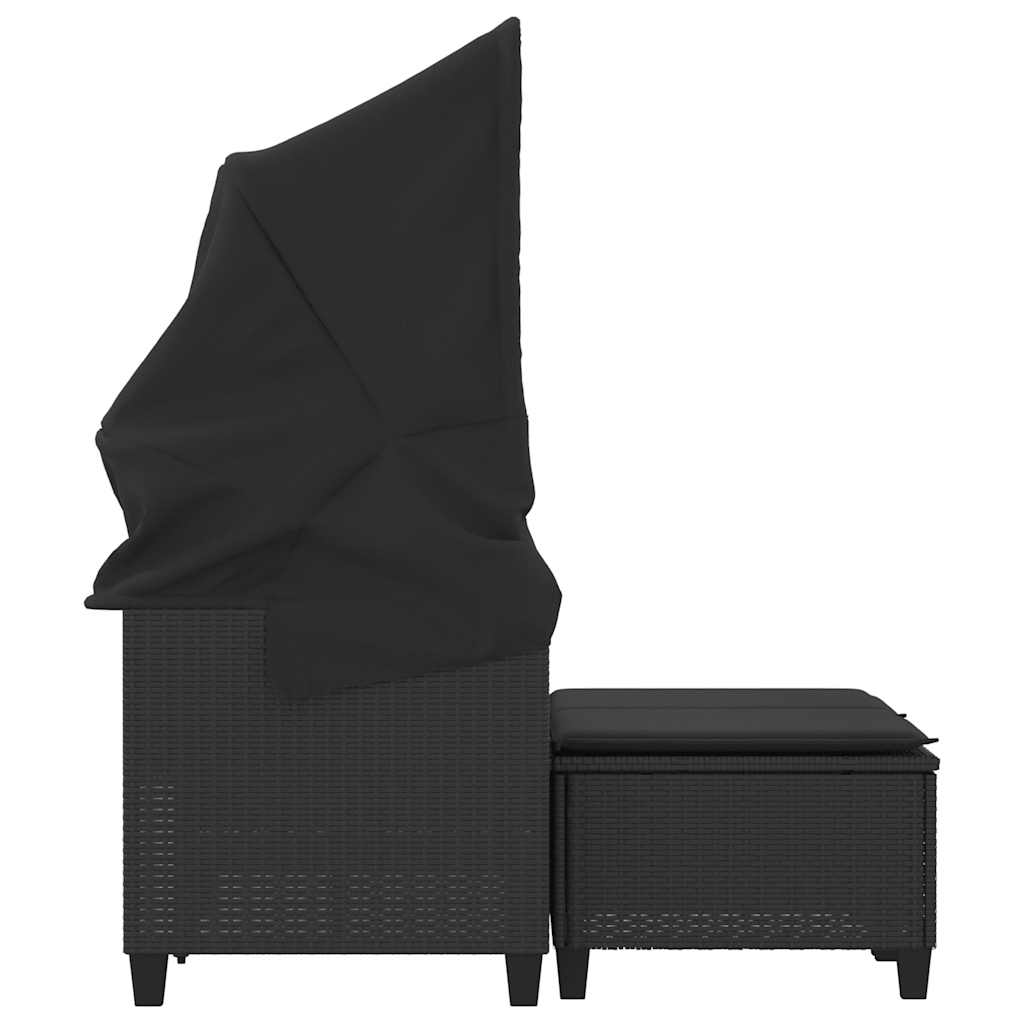 Garden Sofa 2-Seater with Canopy and Stools-Black Poly Rattan | Outdoor Sofas