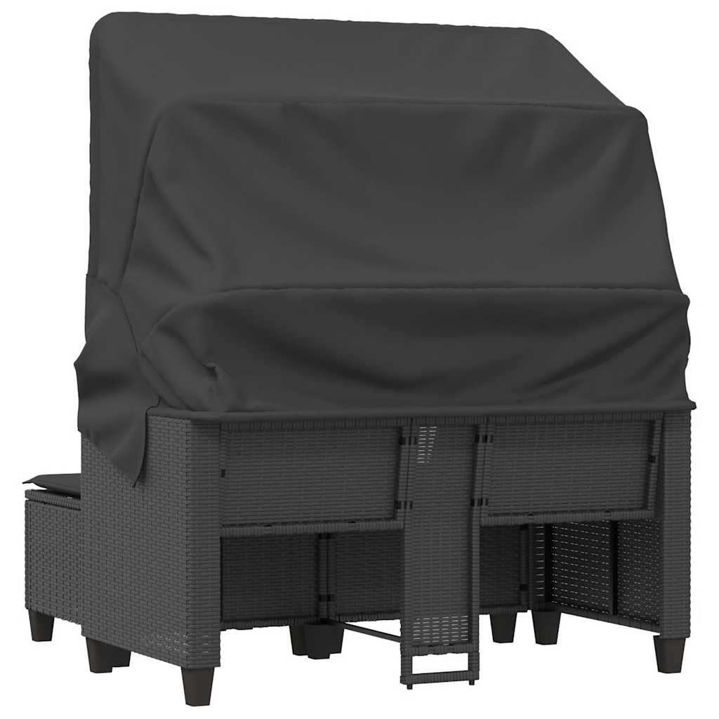 Garden Sofa 2-Seater with Canopy and Stools-Black Poly Rattan | Black colour