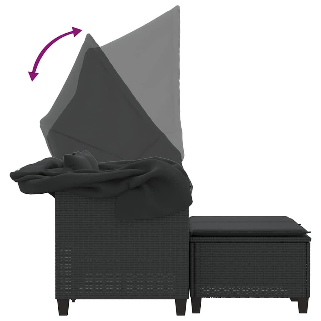 Garden Sofa 2-Seater with Canopy and Stools-Black Poly Rattan, Outdoor Sofas