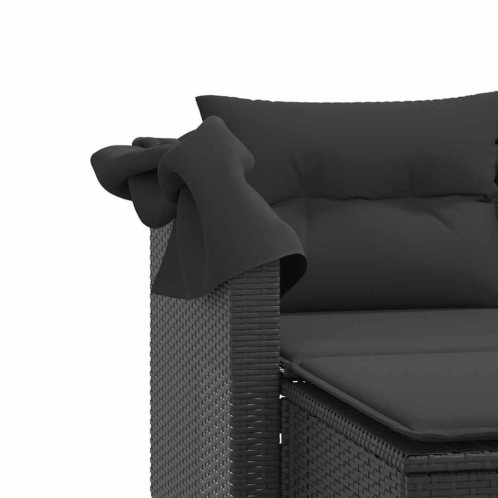 Garden Sofa 2-Seater with Canopy and Stools-Black Poly Rattan, Black colour