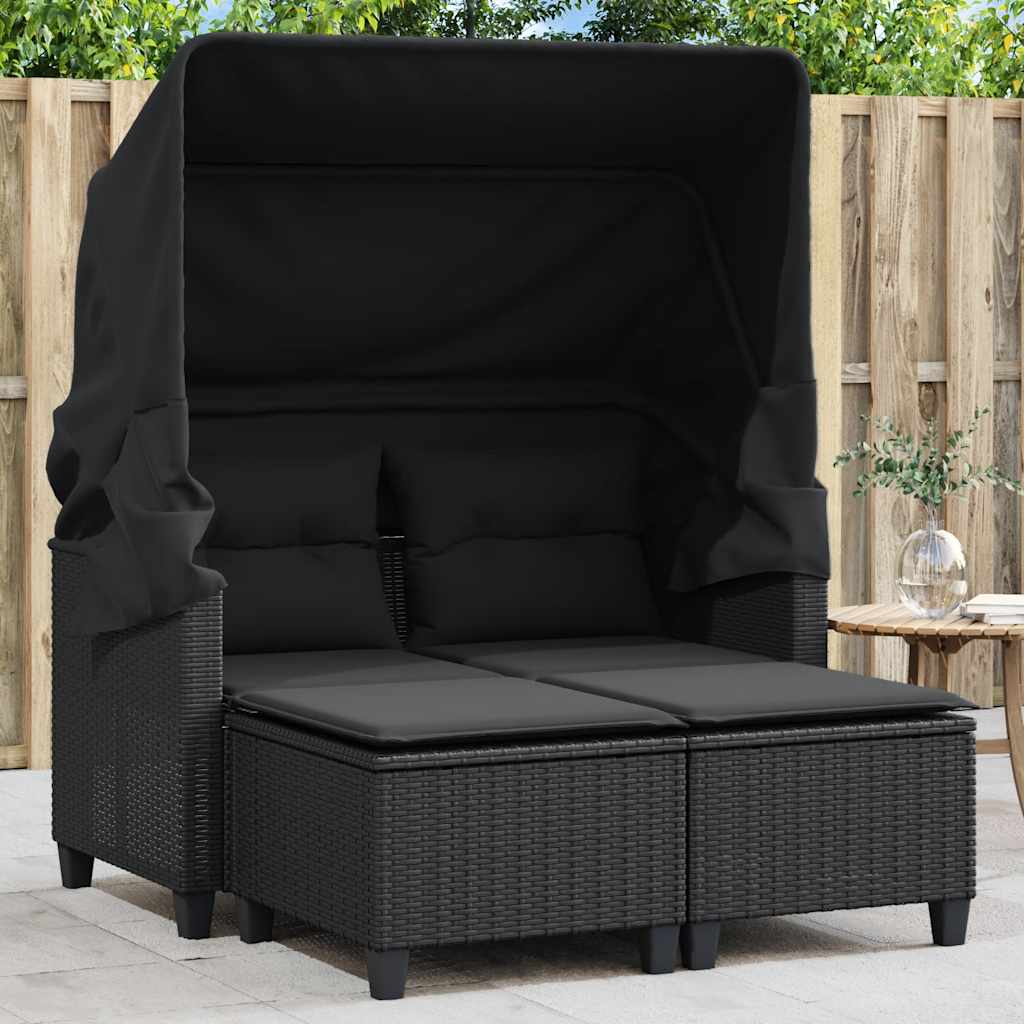 Garden Sofa 2-Seater with Canopy and Stools-Black Poly