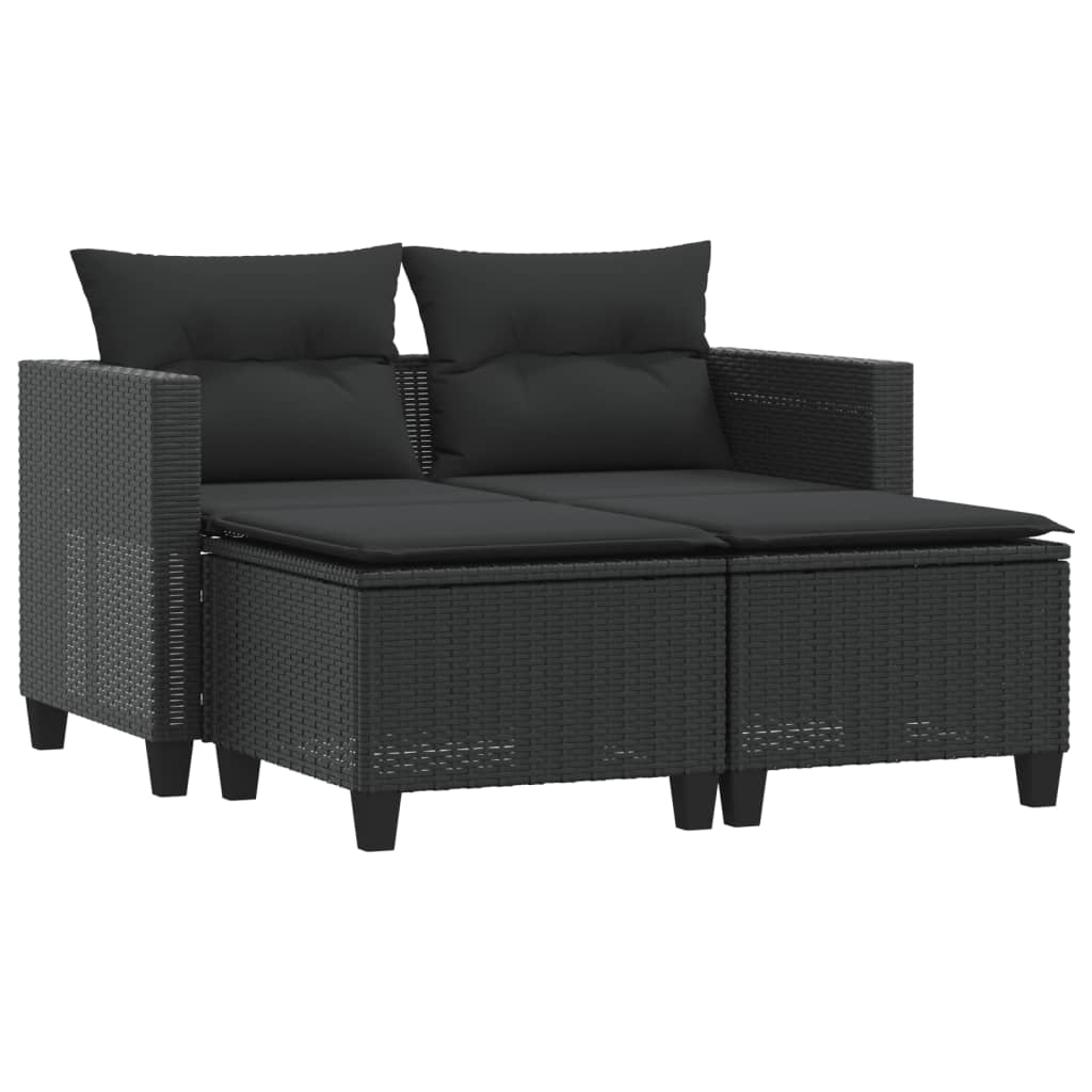 Garden Sofa 2-Seater with Stools-Black Poly Rattan