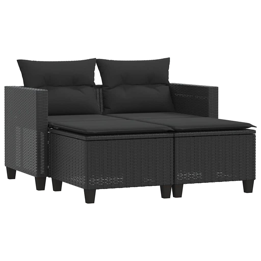 Black colour - Garden Sofa 2-Seater with Stools-Black Poly Rattan