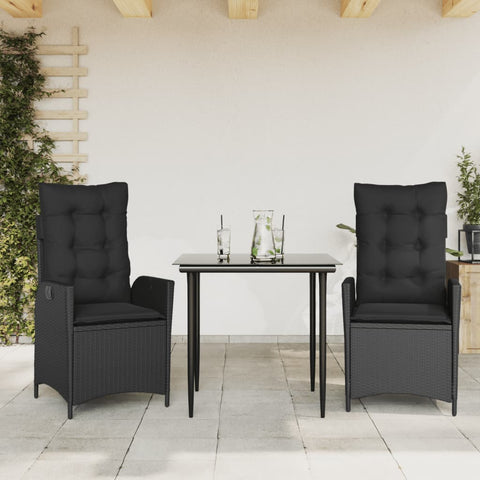 3-Piece Garden Dining Set with Cushions Black Poly Rattan