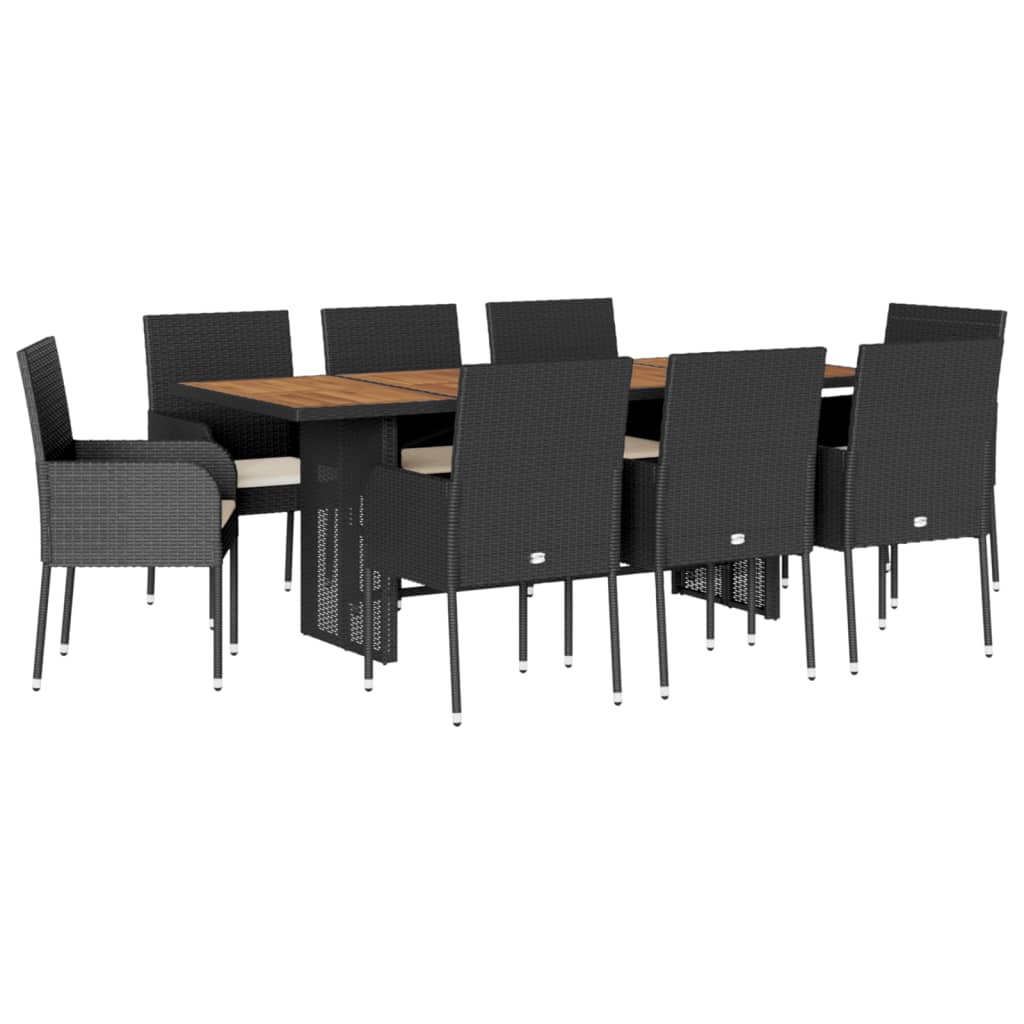 9 Piece Garden Dining Set with Cushions - Black Poly Rattan