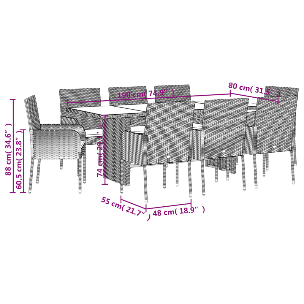 9 Piece Garden Dining Set with Cushions - Black Poly Rattan