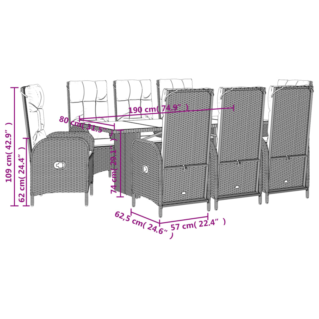 9 Piece Garden Dining Set with Cushions-Grey Poly Rattan