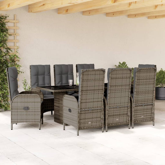 9 Piece Garden Dining Set with Cushions-Grey Poly Rattan