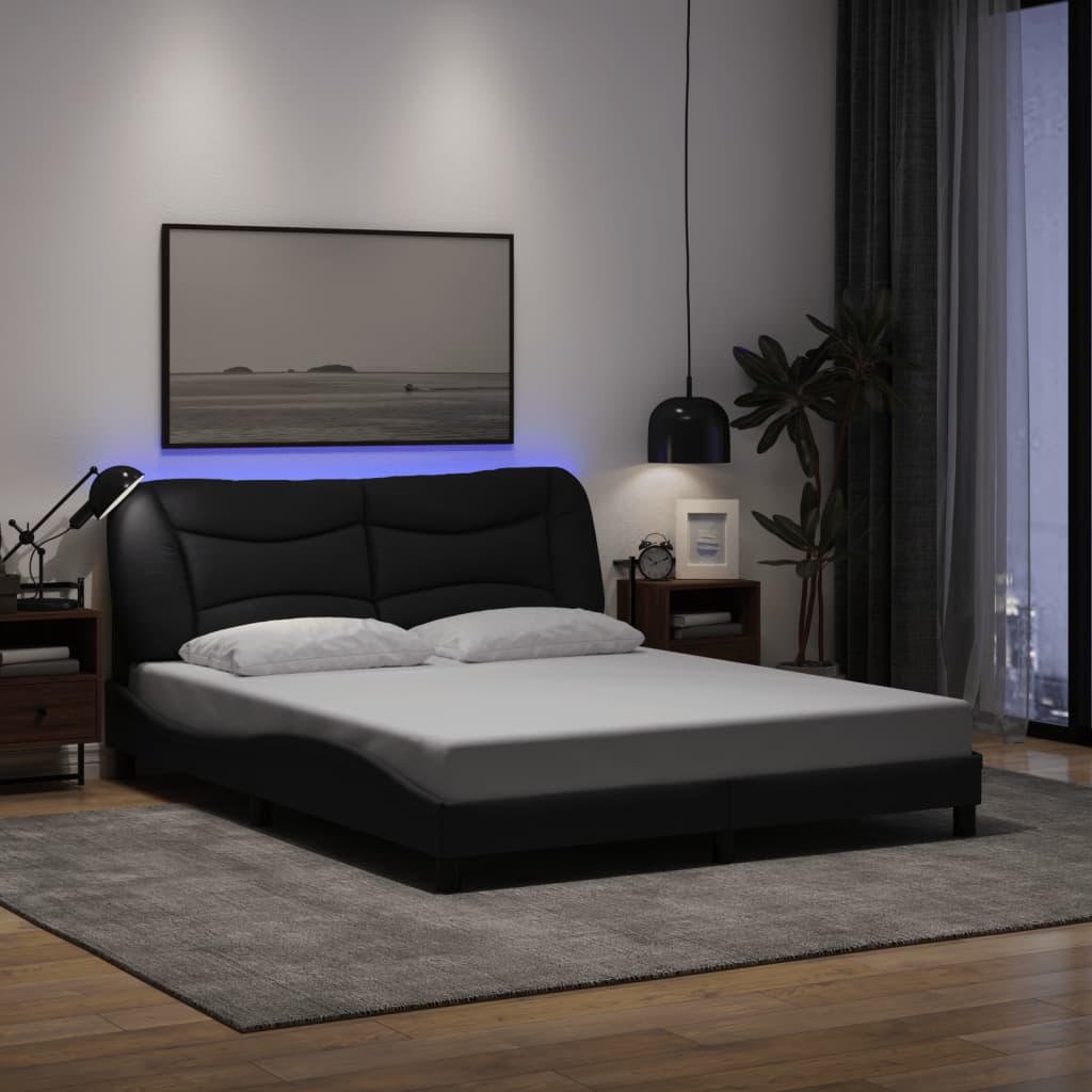 Queen Size Fabric Bed Frame with LED Lights Black/Grey