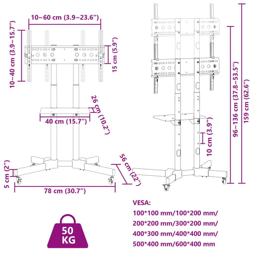 Rolling TV Stand 32-70 Inch 50kg VESA 600x400 | Simpledeals