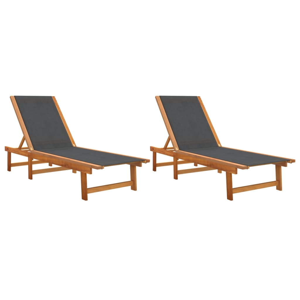 2 Pcs - Sun Loungers 2 pcs Black Solid Wood Acacia and Textilene