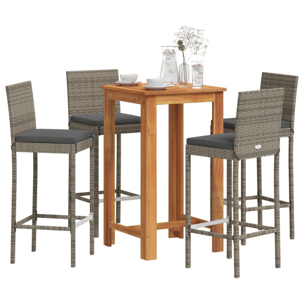 5 Pcs Garden Bar Set Grey Solid Wood Acacia and Poly Rattan | Grey colour