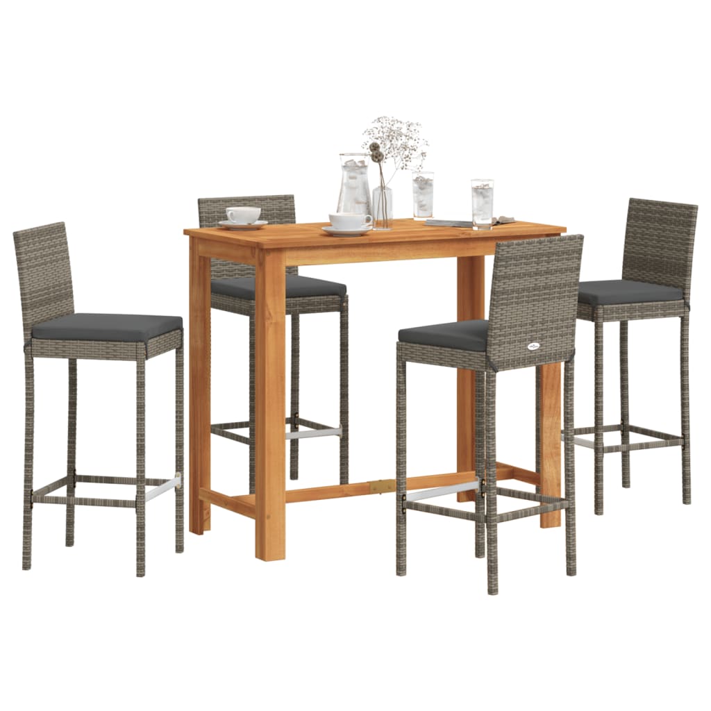 5-Piece Garden Bar Set Grey Solid Wood Acacia and Poly Rattan | Wood finish