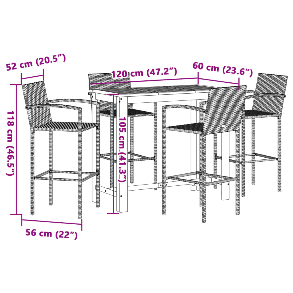 Outdoor Outdoor Furniture Sets - 5-Piece Garden Bar Set Solid Wood Acacia and Poly Rattan - photo 11